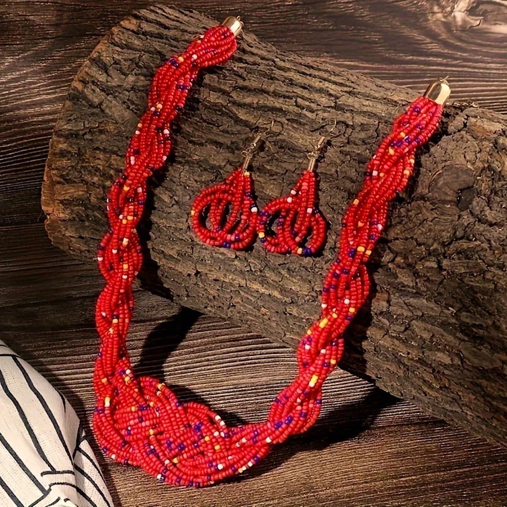 Beaded Red Braided Boho Necklace and Earring set